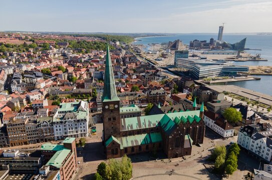 Aarhus Cathedral (Domkirke) in Aarhus, Denmark by drone
