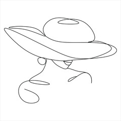 Continuous one line drawing. Young fashion woman in hat. Linear style
