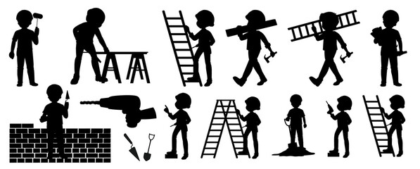 Construction worker set with man and tools Silhouettes premium vector template
