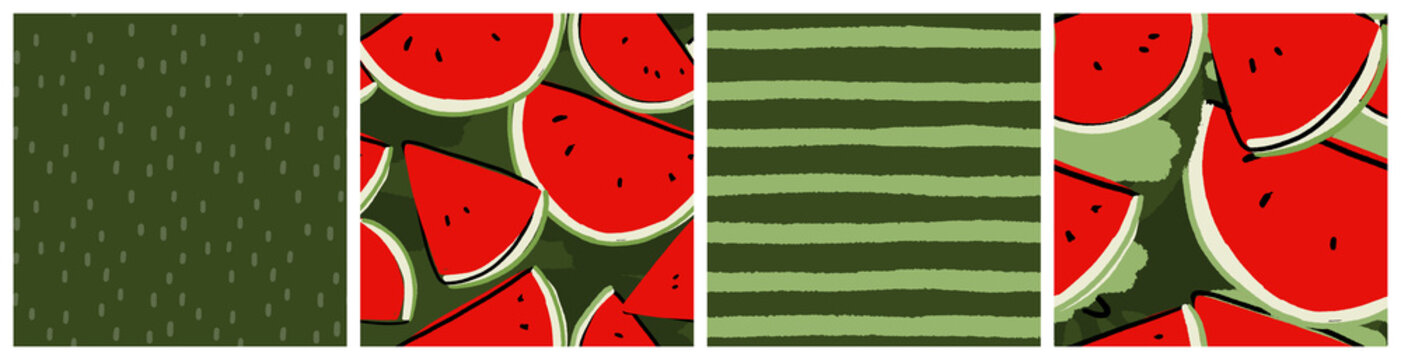 Watermelon slices botanical seamless pattern set. Abstract modern natural summer food graphic design with hand drawn motifs for kitchen textile or product packaging.