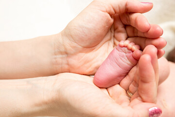 Parent holding in the hands feet of newborn baby. Closeup photo