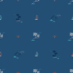 Tourism and Vacation Theme. Summer Seascape Seamless Dark Blue Pattern. Palm trees, Islands, Sea waves, Sailboats, Tropical Plants and Sunny Dawn. Vector illustration