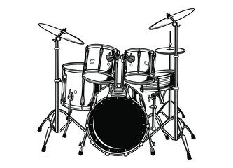 Black and white musical instruments vector isolated. Eps 10. Drum set line art.