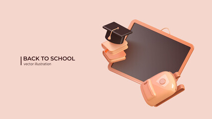 Back to school. Realistic 3d design of school supplies in cartoon minimal style. Chalk board, academic cap, books and backpack. Vector illustration - 507326932