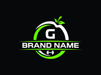 Sports nutrition logo template with letter G. green apple with dumbbell vector design. Fitness nutrition logo