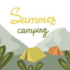 Summer camping vector illustration. Inscription on the background of landscape, mountains, tents and plants