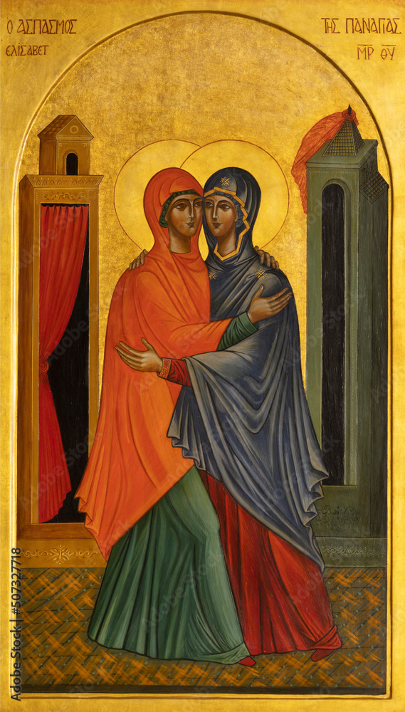 Wall mural BARI, ITALY - MARCH 5, 2022: The icon of Visitation in the church Chiesa di Santa Croce from 20. cent.