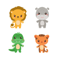 Cute safari animal set. Kawaii animals zebra giraffe elephant hippopotamus. Baby style vector illustration.