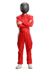 Full length portrait of a motorsport racer in a red suit and black helmet - obrazy, fototapety, plakaty