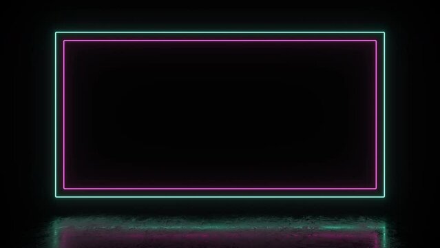Neon rectangle created by a frame of double fluorescent light on a black background and reflection on the polished floor. Led banner of green and pink lines on the borders, 4k.