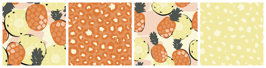 Pineapple botanical seamless pattern set. Abstract tropical modern nature and food graphic design with hand drawn simple motifs for kitchen textile or product packaging.