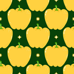 Cute funny yellow pepper green pattern character. Vector hand drawn cartoon kawaii character illustration icon. Isolated on blue background. Pattern yellow pepper character concept