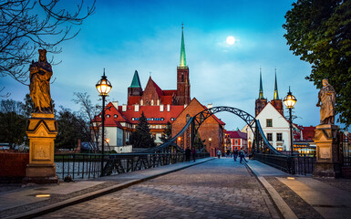 Panoramic view of Tumski Bridge and Cathedral  in Wroclaw. Evening view. Wroclaw, Poland
