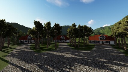 cottage town in the woods summer day