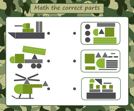 Educational game for kids. Find out what elements the picture consists of. Military transport, helicopter, car, ship. Activity for preschool years kids and toddlers. Vector illustration