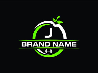 Sports nutrition logo template with letter J. green apple with dumbbell vector design. Fitness nutrition logo