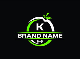 Sports nutrition logo template with letter K. green apple with dumbbell vector design. Fitness nutrition logo
