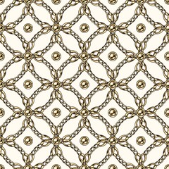 Seamless geometric pattern with gold chains, ball beads, intricate overlapping circles on white background.