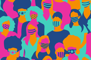Diversity and inclusion. Women crowd wearing medical masks abstract seamless pattern. Repetitive abstract vector illustration of women crowd. Stylish medical mask, women crowd, Freedom.
