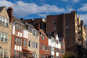 Row of Colorful Old Brick Homes and Residential Buildings in Astoria Queens New York