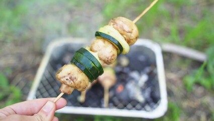 Close up of single use grill for outdoors picnic with vegetables on wooden stick