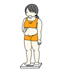 体重計に乗ってポッコリお腹を気にしている女性のイラスト