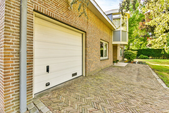 Facade of residential house with garage