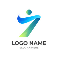 people seven logo design with 3d blue and green color style