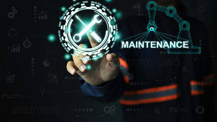 The maintenance engineer or technician in the reflective jacket is pointing to the wrench and screwdriver cross sign of maintenance and repair. repair and maintenance concept.