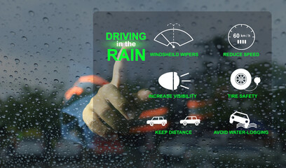 Hand pointing at driving in the rain and safety signs for driving during rainy periods such as tire safety, keep distance, increase visibility, reduce speed, avoid waterlogging, and windshield wipers.