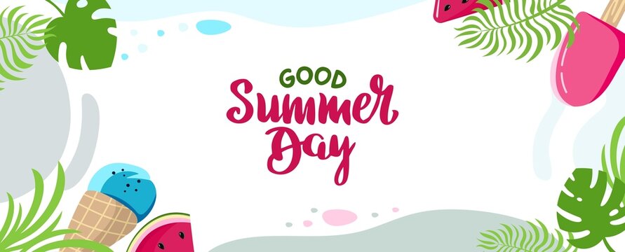 Summer background Inscription good summer day Website cap Vacation concept Colorful horizontal postcard Vector illustration in flat style