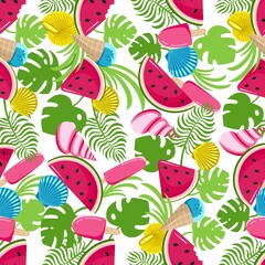 Obraz premium Seamless pattern with monstera leaves watermelon and ice cream on a white background Vector illustration in a flat style
