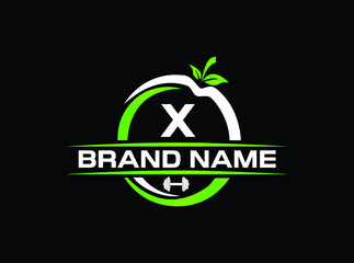 Sports nutrition logo template with letter X. green apple with dumbbell vector design. Fitness nutrition logo