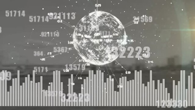 Animation of data processing and globe over airport