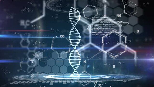Animation of data processing and dna strand on black background
