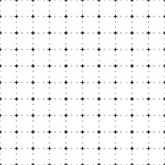 Square seamless background pattern from geometric shapes are different sizes and opacity. The pattern is evenly filled with small black plus symbols. Vector illustration on white background