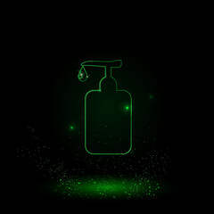 A large green outline liquid soap symbol on the center. Green Neon style. Neon color with shiny stars. Vector illustration on black background