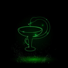 A large green outline medicine symbol on the center. Green Neon style. Neon color with shiny stars. Vector illustration on black background