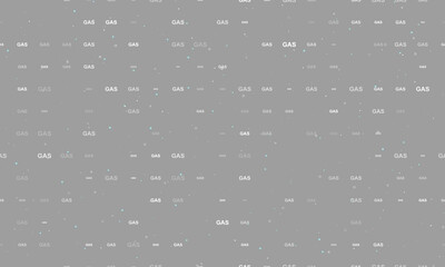 Seamless background pattern of evenly spaced white gas text symbols of different sizes and opacity. Vector illustration on gray background with stars