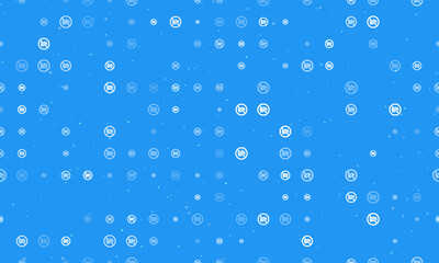 Seamless background pattern of evenly spaced white no video symbols of different sizes and opacity. Vector illustration on blue background with stars