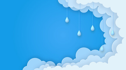 Cute summer banner with paper clouds and 3d raindrops on blue sky background.