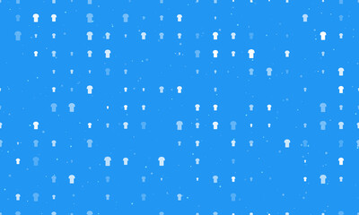 Seamless background pattern of evenly spaced white t-shirt symbols of different sizes and opacity. Vector illustration on blue background with stars