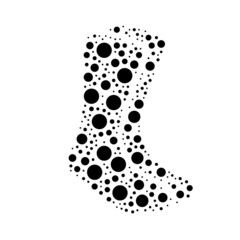 A large socks symbol in the center made in pointillism style. The center symbol is filled with black circles of various sizes. Vector illustration on white background