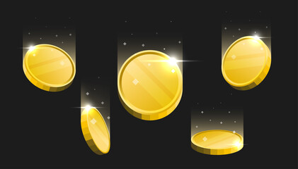 Blank golden cryptocurrency coins falling on dark background. - obrazy, fototapety, plakaty