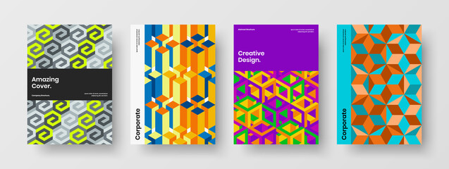 Minimalistic company brochure A4 vector design concept bundle. Modern geometric shapes catalog cover illustration composition.