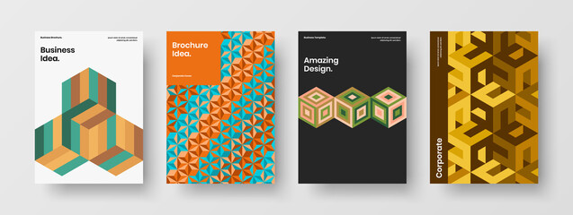 Fresh geometric pattern cover illustration collection. Trendy leaflet A4 design vector concept set.