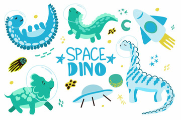 Set of colorful dinosaurs, hand-drawn elements, in cartoon style. Rocket. Hand-drawn inscription. Dinosaurs in space with planets, comets and stars around them. Can be used for greeting cards.