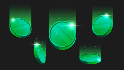 Blank green cryptocurrency coins falling on dark background.
