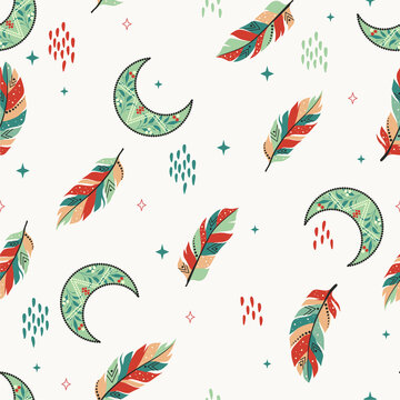 Mystical seamless boho vector pattern. Esoteric moon and star floral background.
