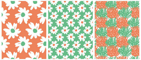 Simple Hand Drawn Irregular Floral Seamless Vector Patterns. White Flowers on a Green and Orange Background. Infantile Style Abstract Garden Vector Print Ideal for Fabric. Cute Daisy Pattern.